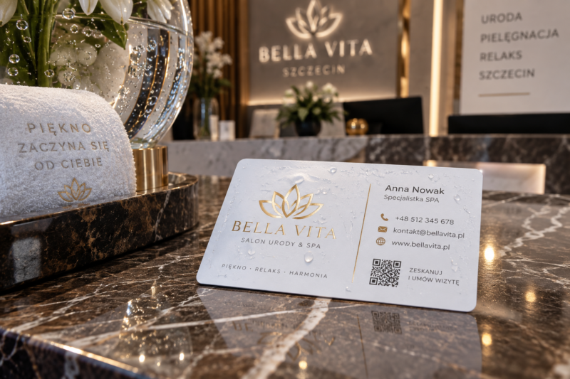 Wodoodporna plastikowa wizytówka PVC ze złotym hotstampingiem w salonie beauty i SPA.