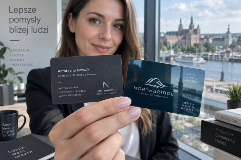 Wizytowki pvc blysk czy mat 1 Porównanie wykończenia matowego i błyszczącego na dwóch plastikowych wizytówkach PVC w biurze w Szczecinie.