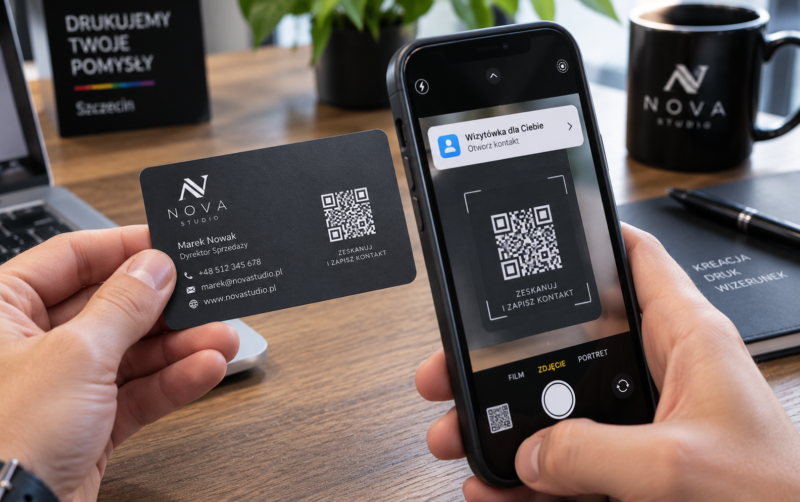 Wizytowki pvc blysk czy mat 3 Skanowanie kodu QR ze stwarzającej brak refleksów matowej wizytówki plastikowej PVC za pomocą smartfona.