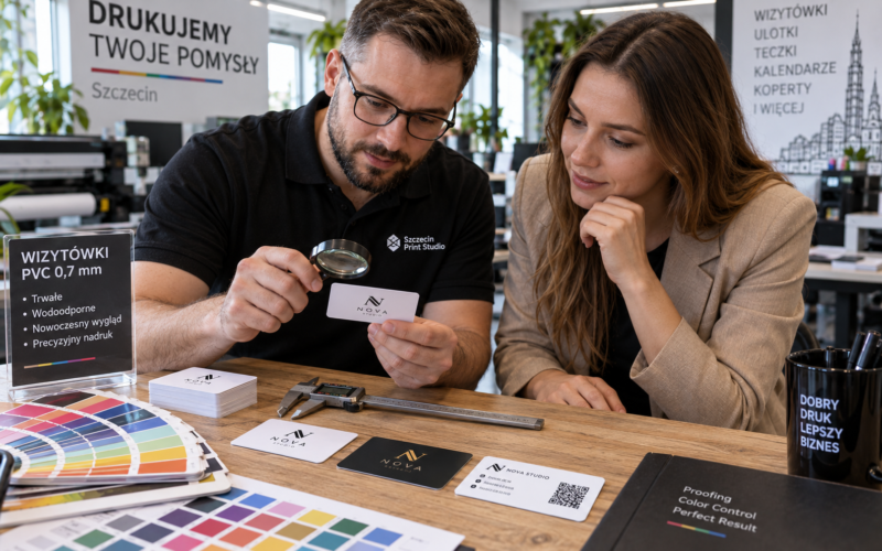 Wizytowki pvc projektowanie 3 Weryfikacja próbnych wydruków i skali 1:1 plastikowych wizytówek PVC z udziałem projektanta w drukarni w Szczecinie.