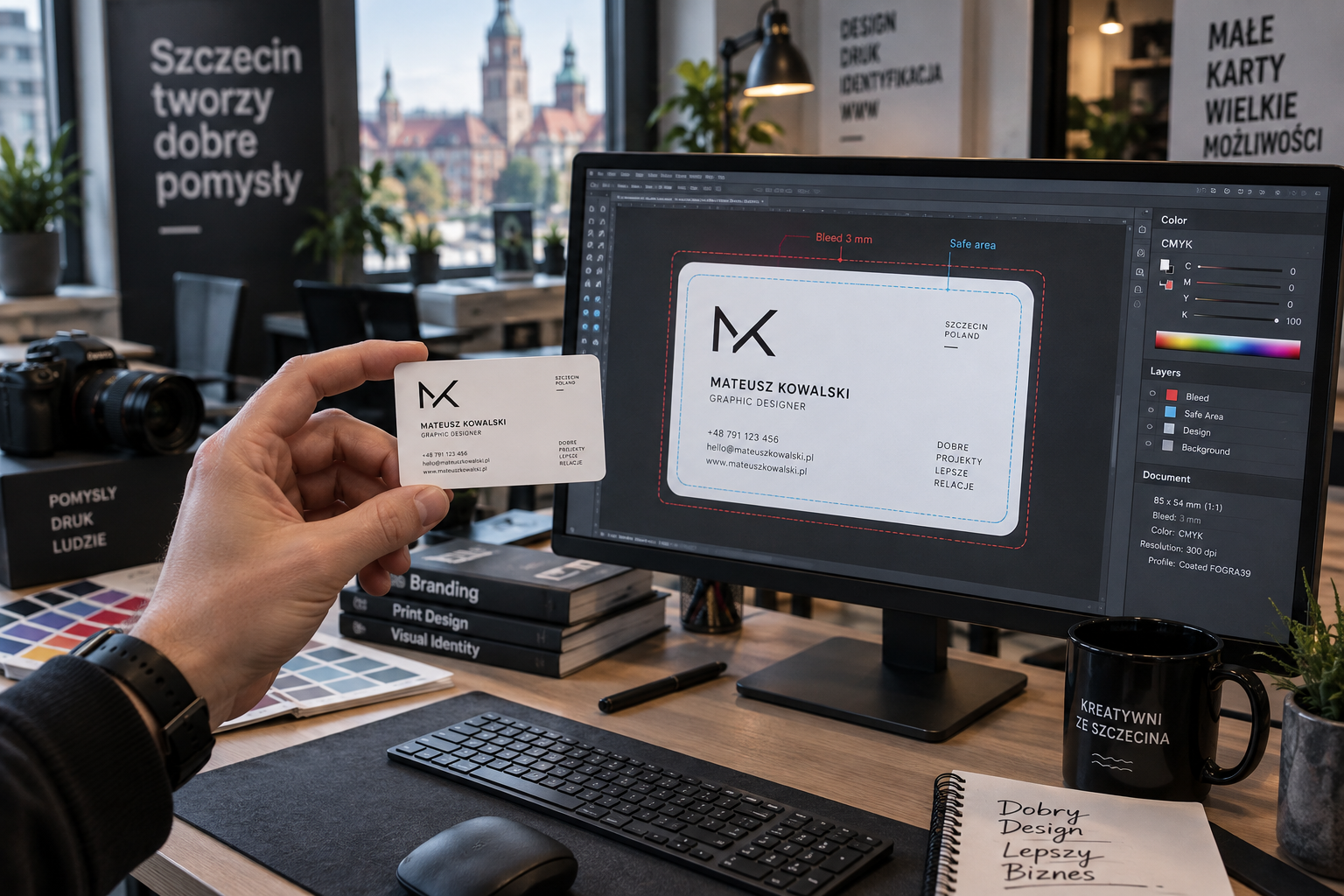 Projektant graficzny w Szczecinie porównujący fizyczną plastikową wizytówkę PVC z projektem na ekranie monitora.