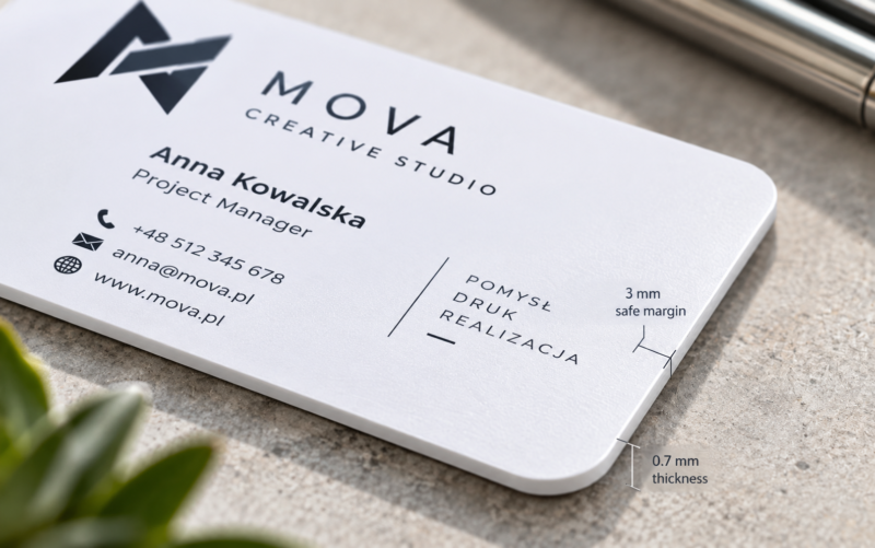 Wizytowki pvc projektowanie 6 Zbliżenie makro na zaokrąglony narożnik i zaokrąglone krawędzie plastikowej wizytówki PVC o grubości 0,7 mm.