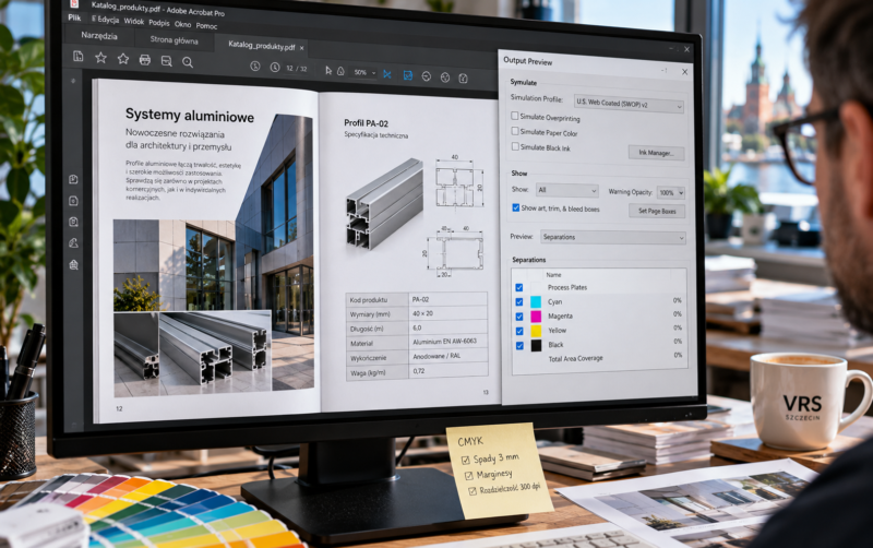 Weryfikacja rozbarwień CMYK dla strony katalogu z rysunkiem technicznym w podglądzie diagnostycznym pliku PDF Weryfikacja rozbarwień CMYK dla strony katalogu z rysunkiem technicznym w podglądzie diagnostycznym pliku PDF