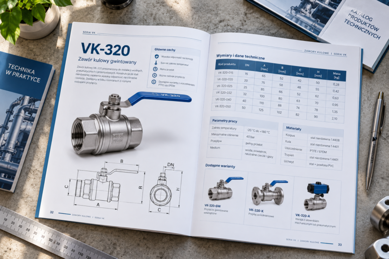 Rozkładówka katalogu technicznego łącząca zdjęcie produktu z wektorowym rysunkiem wymiarowym i tabelą. Rozkładówka katalogu technicznego łącząca zdjęcie produktu z wektorowym rysunkiem wymiarowym i tabelą.
