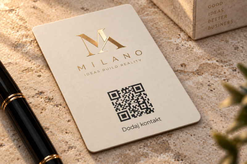 wizytowki qr 2 Zbliżenie makro na złocone logo hot-stamping oraz czarno-biały matowy kod QR na wizytówce PVC.