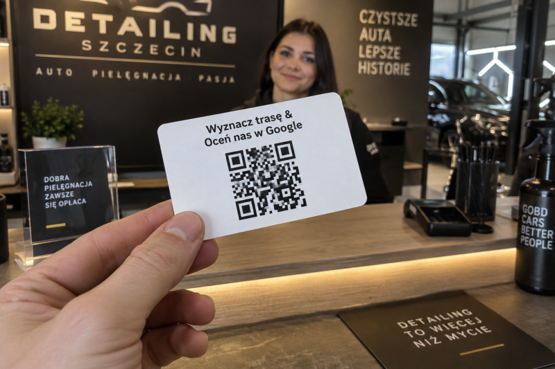 wizytowki qr 3 Wizytówka plastikowa PVC z kodem QR do nawigacji i opinii Google trzymana na lada w punkcie obsługi.