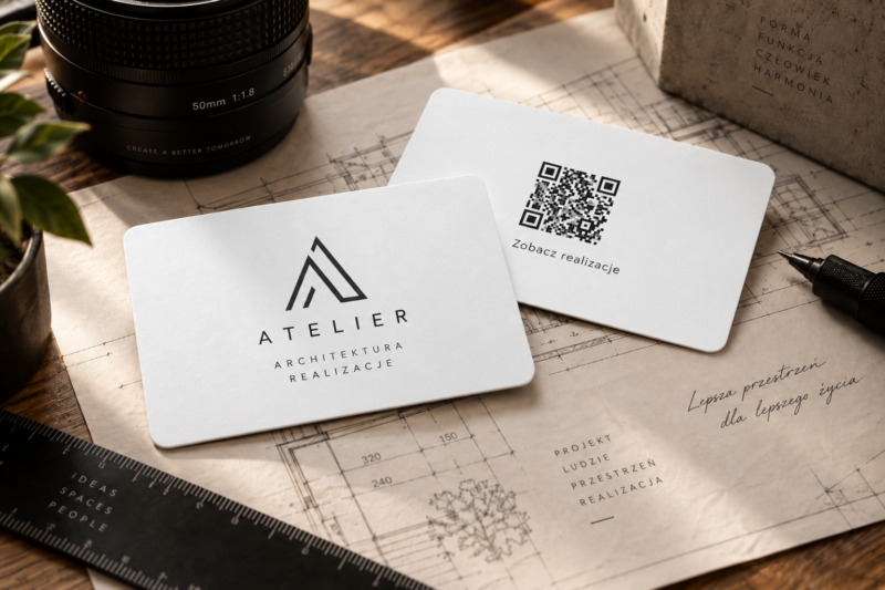 wizytowki qr 4 matowa wizytówka PVC dla architekta z wyraźnym białym kodem QR prowadzącym do portfolio.