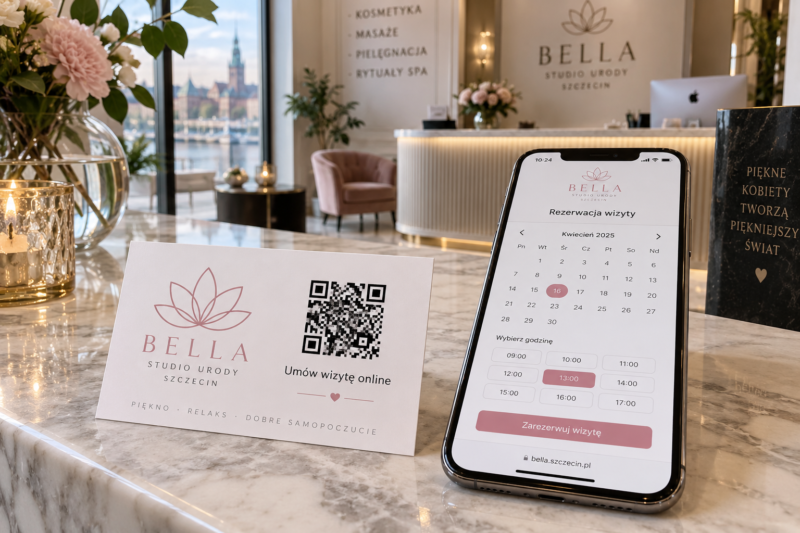 wizytowki qr 5 Plastikowa wizytówka PVC z kodem QR do rezerwacji wizyty online leżąca w salonie beauty obok smartfona.