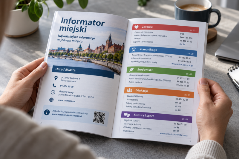 Osoba przeglądająca drukowany informator w formacie A5 przy biurku Osoba przeglądająca drukowany informator w formacie A5 przy biurku