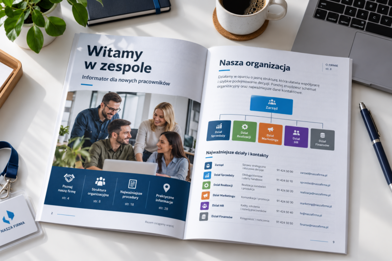 Drukowany informator dla nowych pracowników z planem organizacji firmy Drukowany informator dla nowych pracowników z planem organizacji firmy