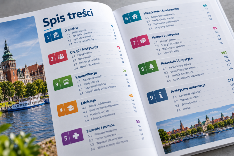 Przejrzysty spis treści z oznaczeniami sekcji w drukowanym informatorze Przejrzysty spis treści z oznaczeniami sekcji w drukowanym informatorze