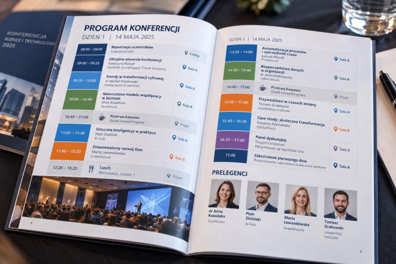 Czytelny harmonogram prelekcji w drukowanym programie konferencji Czytelny harmonogram prelekcji w drukowanym programie konferencji