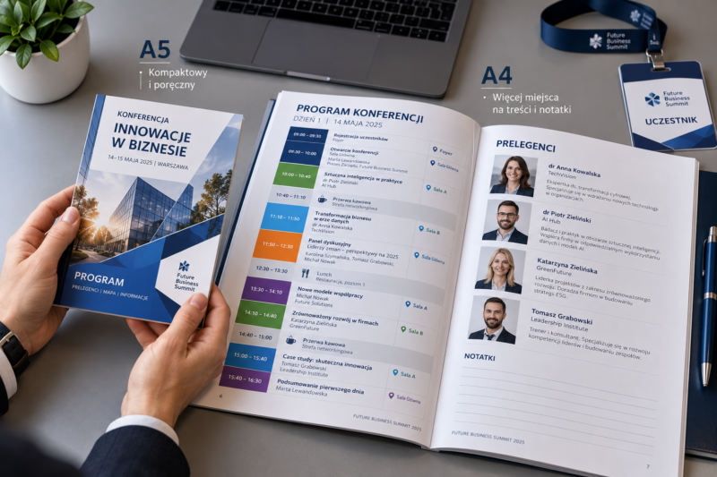 Porównanie formatu A5 i A4 drukowanej broszury konferencyjnej Porównanie formatu A5 i A4 drukowanej broszury konferencyjnej
