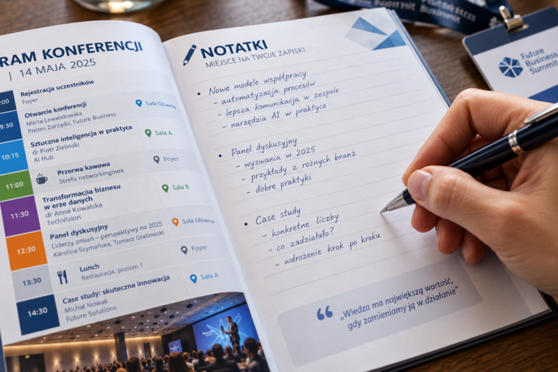 Sporządzanie notatek długopisem w broszurze programu konferencji Sporządzanie notatek długopisem w broszurze programu konferencji