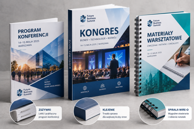 Rodzaje opraw programów konferencyjnych: szyta, klejona i na spiralę Rodzaje opraw programów konferencyjnych: szyta, klejona i na spiralę