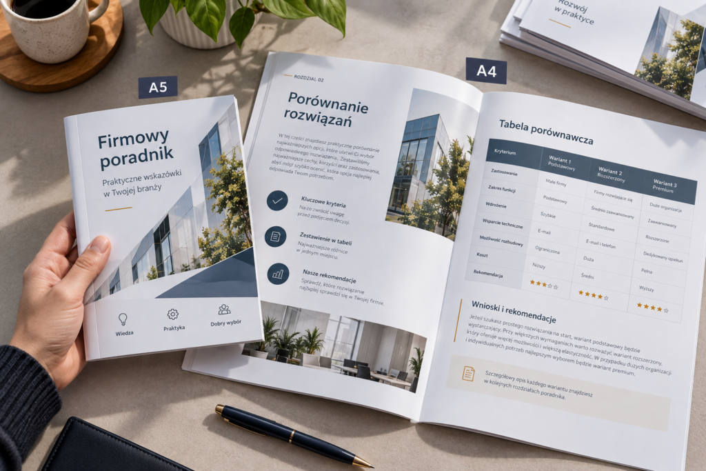 Porównanie formatu A5 i A4 drukowanych poradników firmowych