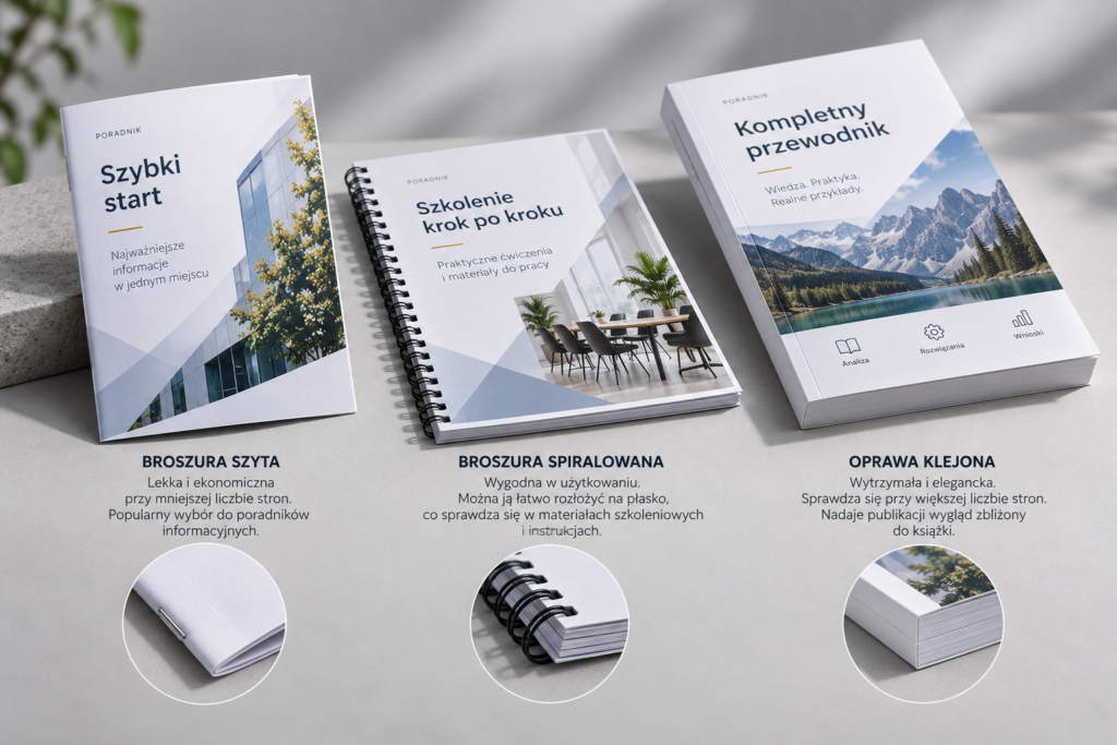 Różne rodzaje opraw poradników: szyta, na spirali i klejona