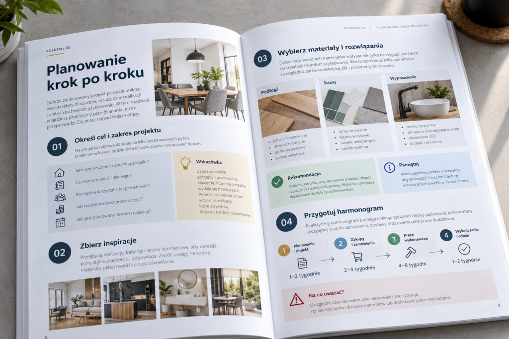 Przejrzysty układ tekstu i ramek informacyjnych w poradniku do druku