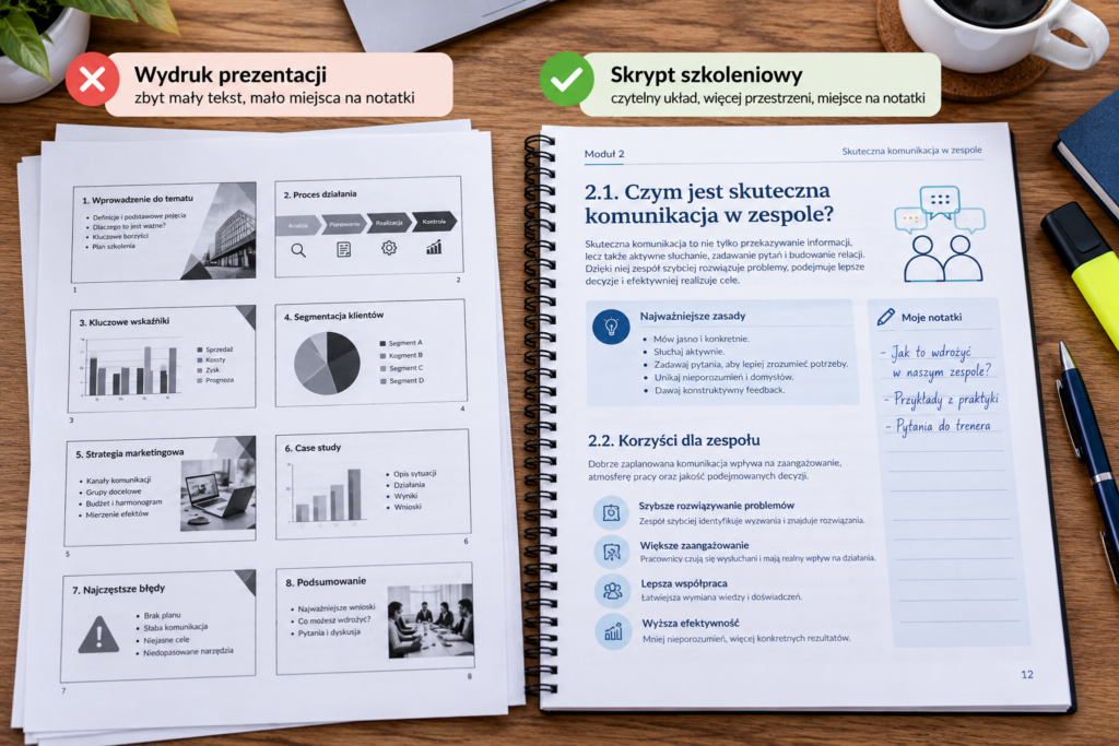 Porównanie niewygodnego wydruku prezentacji ze starannie zaprojektowanym skryptem do druku Porównanie niewygodnego wydruku prezentacji ze starannie zaprojektowanym skryptem do druku