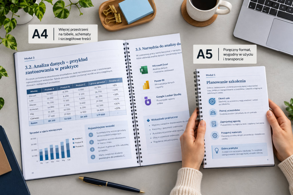 Porównanie formatów materiałów szkoleniowych A4 i A5 ułożonych na biurku Porównanie formatów materiałów szkoleniowych A4 i A5 ułożonych na biurku