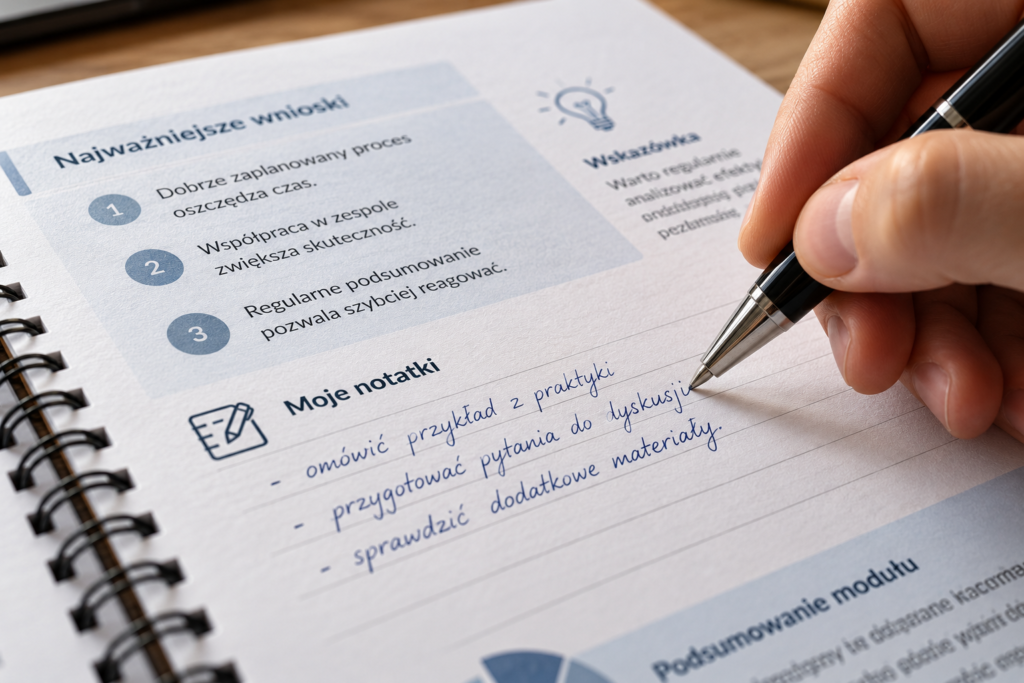 Zbliżenie na pisanie długopisem po matowym papierze offsetowym w skrypcie szkoleniowym Zbliżenie na pisanie długopisem po matowym papierze offsetowym w skrypcie szkoleniowym