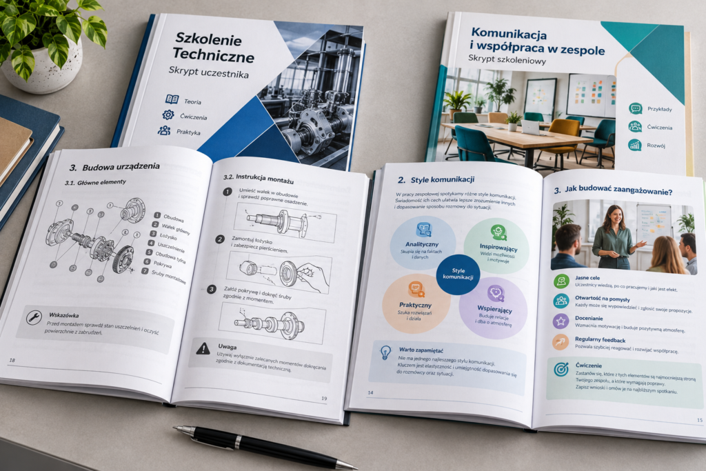 Materiały szkoleniowe z kolorową okładką i czarno-białym środkiem Materiały szkoleniowe z kolorową okładką i czarno-białym środkiem
