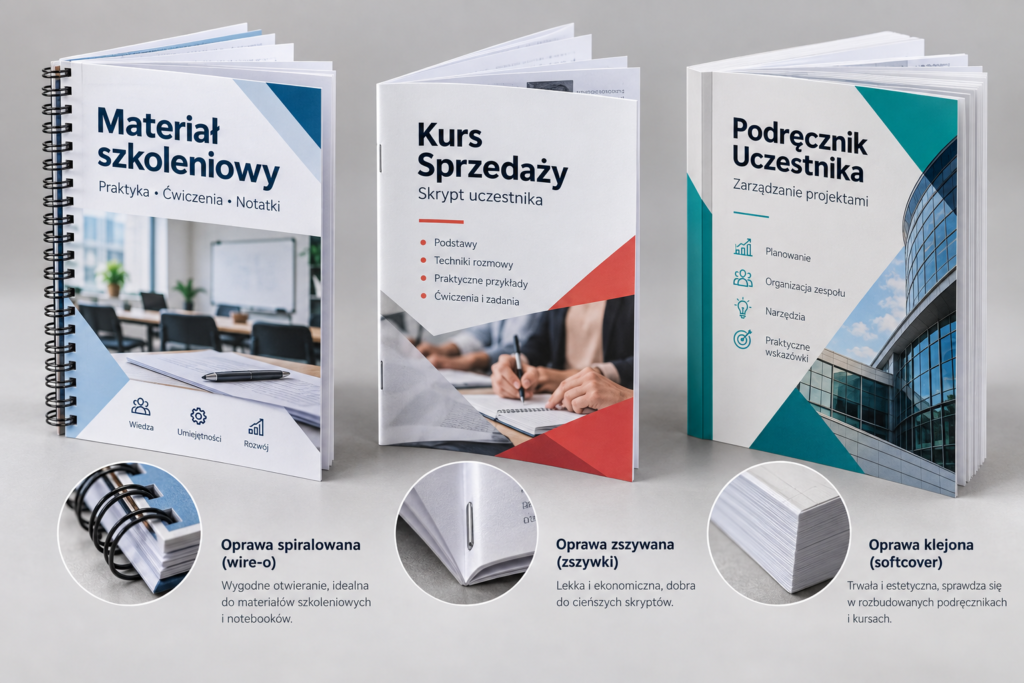 Rodzaje opraw materiałów szkoleniowych: skrypt na spirali, szyty zszywkami i klejony Rodzaje opraw materiałów szkoleniowych: skrypt na spirali, szyty zszywkami i klejony