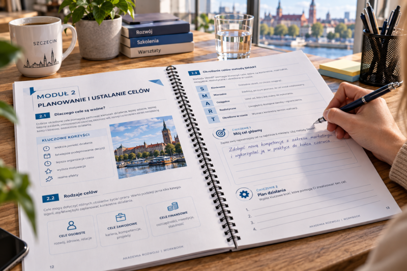 Uczestnik warsztatów uzupełniający otwarty na płasko workbook na metalowej spirali.