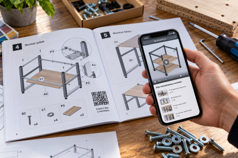 Skanowanie kodu QR z wydrukowanej instrukcji montażowej w celu obejrzenia filmu instruktażowego. Skanowanie kodu QR z wydrukowanej instrukcji montażowej w celu obejrzenia filmu instruktażowego.