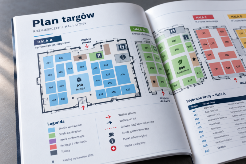 Czytelny plan hali targowej z numerami stoisk w drukowanym katalogu Czytelny plan hali targowej z numerami stoisk w drukowanym katalogu