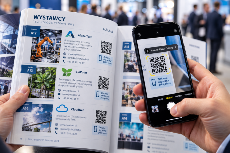 Skanowanie kodu QR z wizytówki wystawcy w katalogu za pomocą telefonu Skanowanie kodu QR z wizytówki wystawcy w katalogu za pomocą telefonu