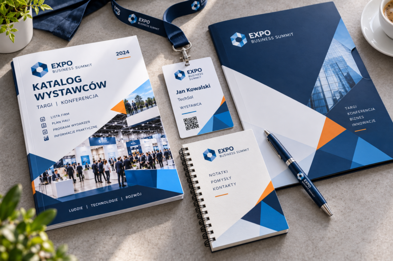 Spójny zestaw materiałów targowych: katalog wystawców, teczka, identyfikator i notes Spójny zestaw materiałów targowych: katalog wystawców, teczka, identyfikator i notes