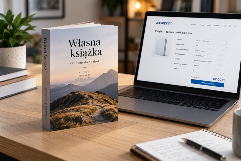 Pojedynczy egzemplarz wydrukowanej książki leżący obok laptopa z kalkulacją kosztów Pojedynczy egzemplarz wydrukowanej książki leżący obok laptopa z kalkulacją kosztów