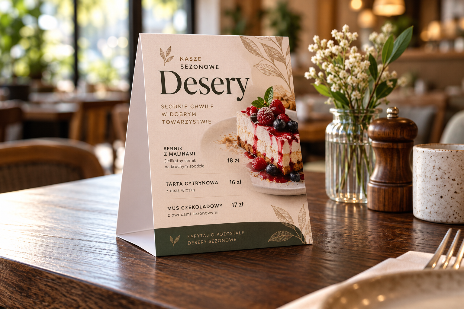 Stojak na stół z nadrukiem oferty sezonowej ustawiony w restauracji