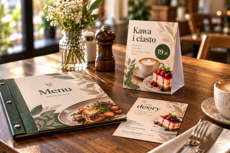 Karta dań, ulotka promocyjna i stojak reklamowy ustawione na stoliku