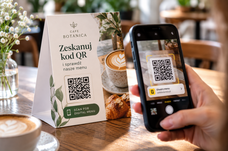Skanowanie kodu QR z papierowego stojaka na stół za pomocą telefonu Skanowanie kodu QR z papierowego stojaka na stół za pomocą telefonu