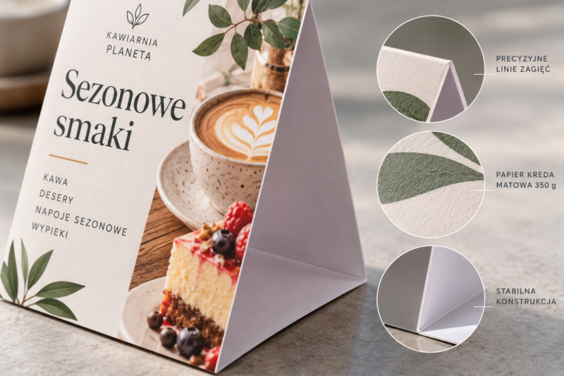 Składany stojak stołowy z grubego papieru kredowego z nadrukiem Składany stojak stołowy z grubego papieru kredowego z nadrukiem