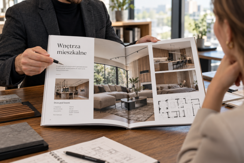 Close-up photograph of an open printed architecture portfolio spread showcasing a single case study project. One large hero photograph of a modern office interior on the left, and two detailed close-up photos with clean typography context text on the right. Sharp focus, high quality matte paper grain. --ar 15:10