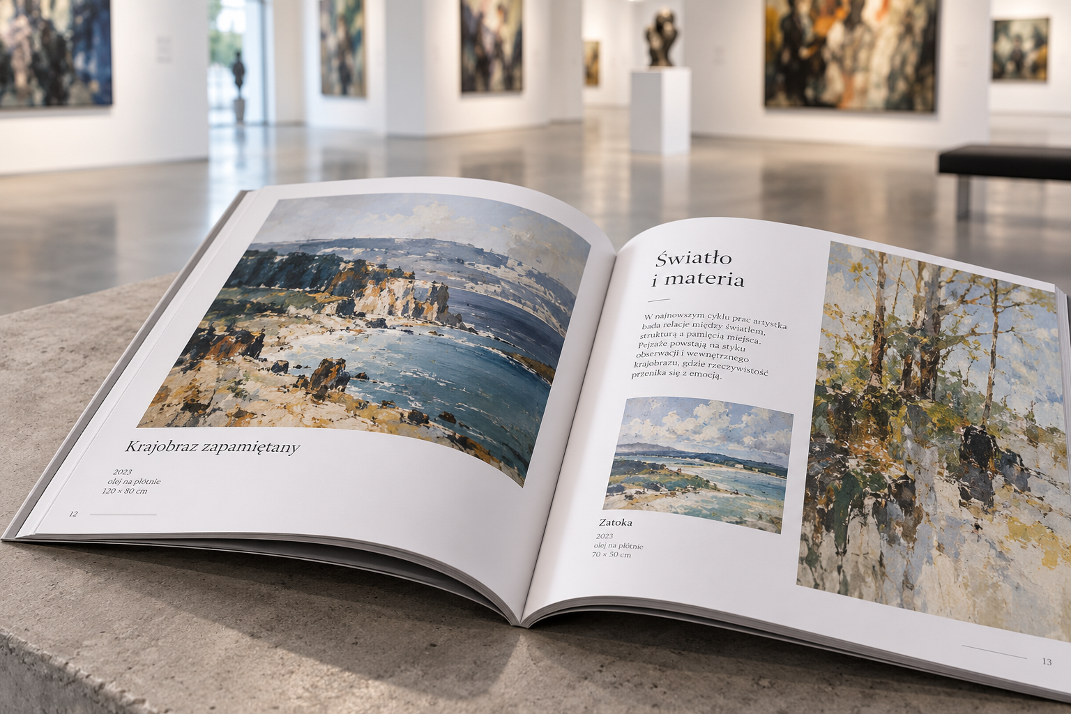 Elegancki drukowany katalog wystawy sztuki leżący na stole w galerii